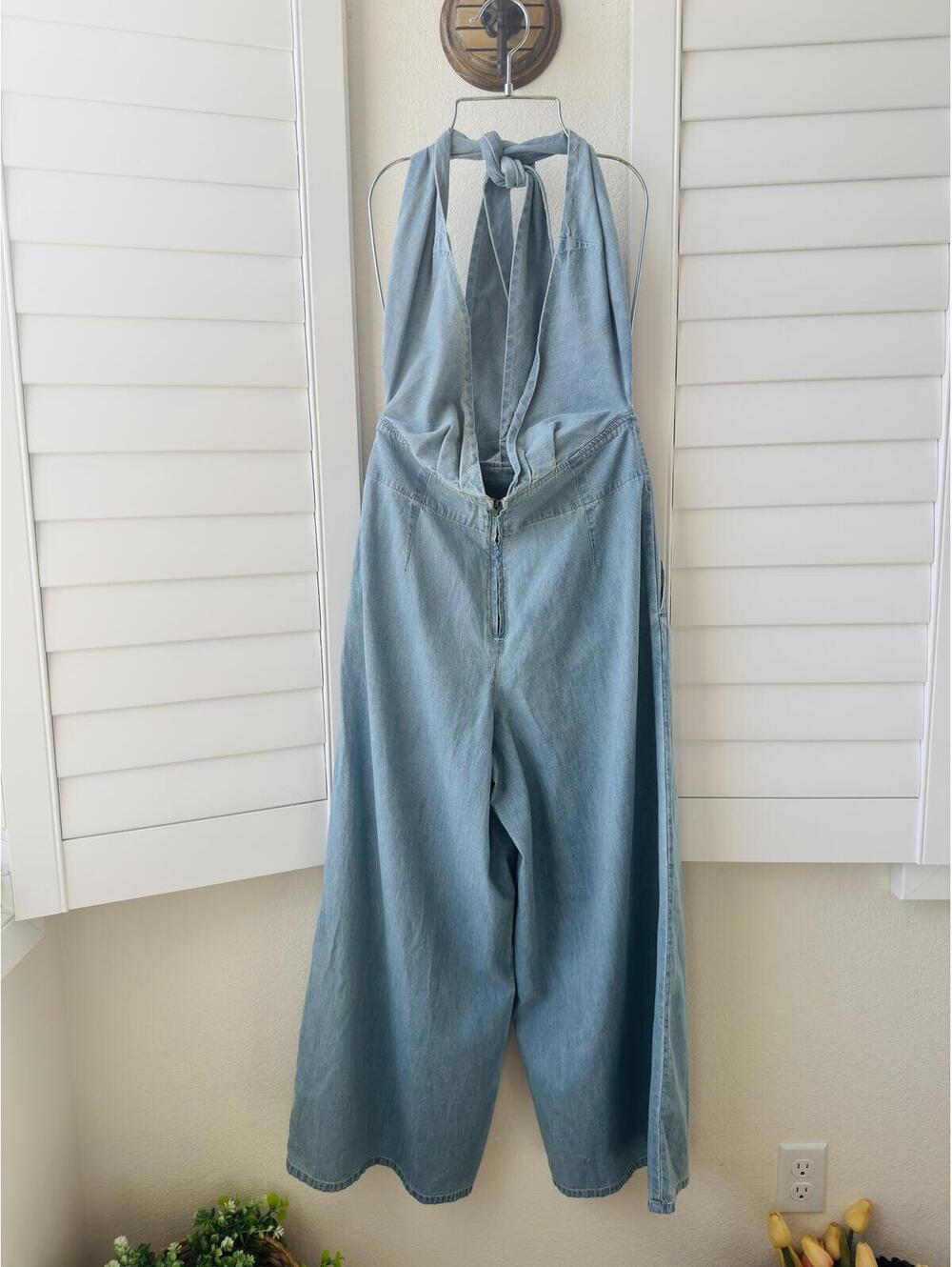 We The Free Denim Halter Wide Leg Jumpsuit - Size S